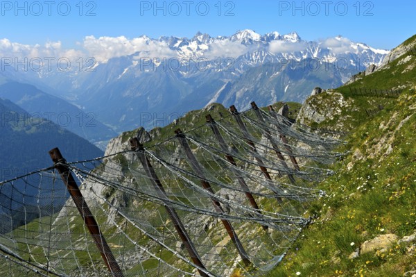 Snow nets as avalanche protection at the summit of Pierre Avoi, behind the summit chain of the Savoy Alps, Verbier, Valais Alps, Valais, Switzerland, Europe