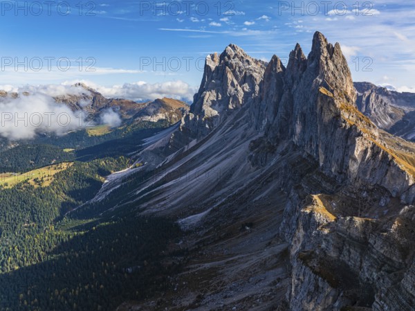 The Sas Rigais and Furchetta peaks of the Odle Group, drone shot, Val Gardena, Dolomites, Autonomous Province of Bolzano, South Tyrol, Italy, Europe