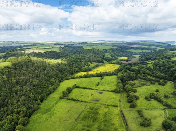 Farms and Fields over Rievaulx Village from a drone, North York Moors National Park, North Yorkshire, England, United Kingdom, Europe
