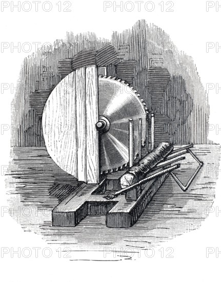 Exhibition on accident prevention in Berlin 1889, circular saw with safety device, digital reproduction of an original from the 19th century, historical