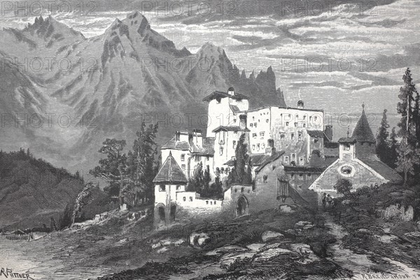 Naudersberg Castle stands on a hill above the village of Nauders in the Austrian Tyrol, 1890, Austria, digital reproduction of an original from the 19th century, historical, Europe
