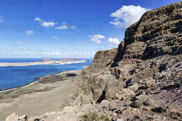 Risco de Famara cliff, view of the island of La Graciosa, Lanzarote, Canary Islands, Spain, Europe