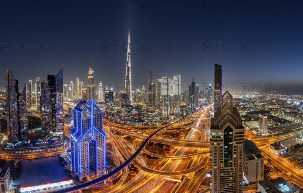 Dubai skyline at night, Burj Khalifa tallest building in the world, United Arab Emirates, Asia