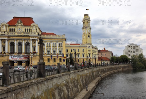 Romania, county area, Oradea, Grosswardein, town hall with bell tower at the river Repede, Crisul Repede, Europe