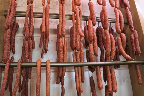 Air-dried sausage in a butcher's shop
