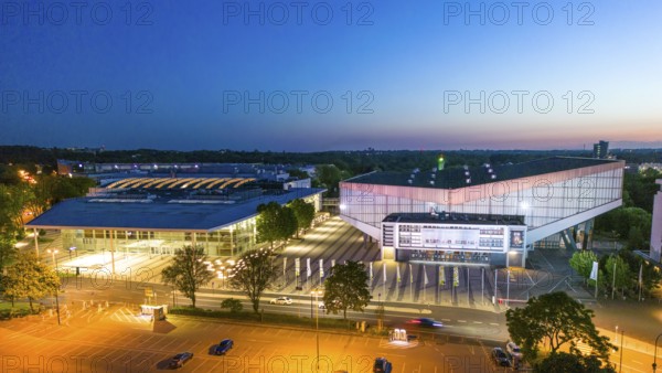 The Grugahalle, right and Messe Essen, entrance Messehaus Ost, North Rhine-Westphalia, Germany, Europe