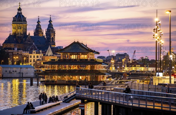 Amsterdam, Netherlands, city centre, St. Nicholas Basilica, new quarter on the Oosterdokskade, restaurant ship