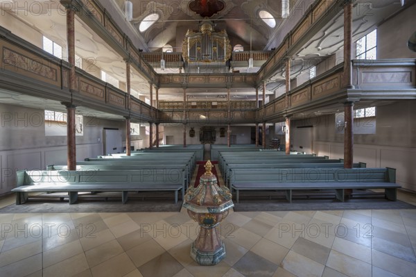 Interior of the organ loft, baptismal font in front1738 Inauguration of the baroqueised town church of St. Maria, Hersbruck, Middle Franconia, Bavaria, Germany, Europe
