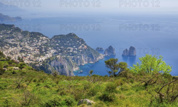 View from Monte Solaro 589m to the south coast with the Faraglioni rocks, the island's landmarks, Capri, Campanian Archipelago, Gulf of Naples, Tyrrhenian Sea, Campania, Italy, Europe
