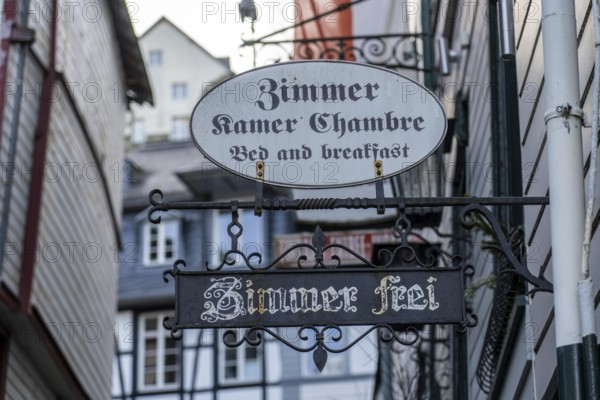 Hotel, Signs, Rooms available, Bed and Breakfast, Monschau, Old Town, Eifel, North Rhine-Westphalia, Germany, Europe