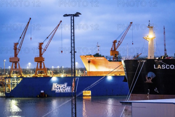 Lloyd Werft, dry dock, freighter Atlantic Journey, shipyard in the overseas harbour of Bremerhaven, Bremen, Germany, Europe
