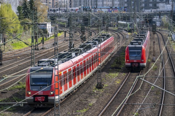 Railway line in Düsseldorf, S-Bahn trains on the tracks, North Rhine-Westphalia, Germany, Europe