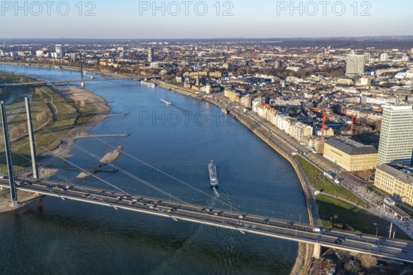 View over the city centre of Düsseldorf, Rheinkniebrücke over the Rhine, Altstadtufer, from North Rhine-Westphalia, Germany, Europe