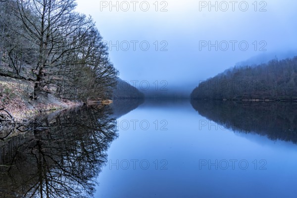 Lake Rursee in the Eifel, reservoir, upper lake, in winter, fog, near Heimbach, North Rhine-Westphalia, Germany, Europe