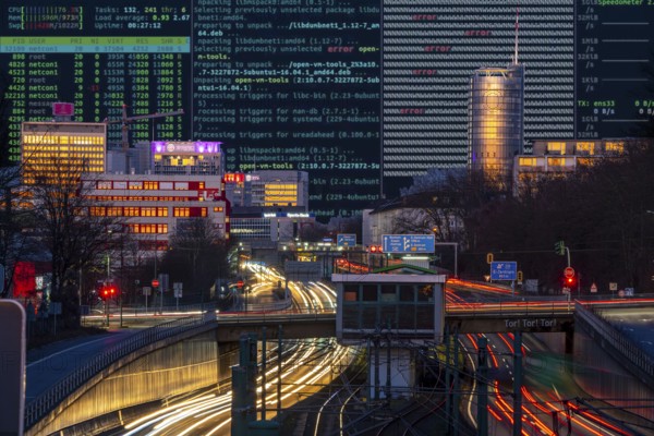 Symbolic image cyberattack, computer crime, cybercrime, computer hackers attack a city's IT infrastructure, transport infrastructure, Essen