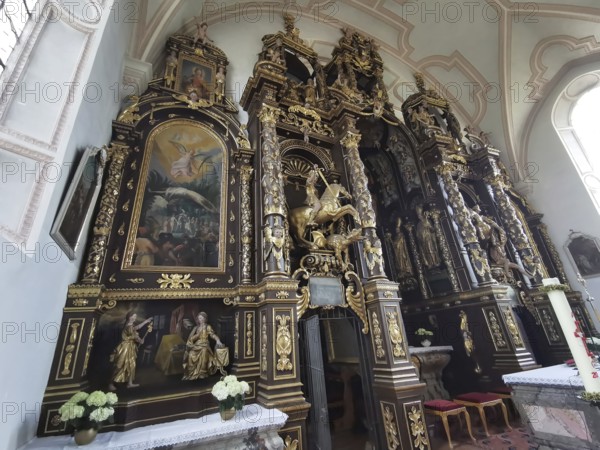Altar wall, votive pictures, votive tablets on the walls of the Chapel of Grace inside the church, Pilgrimage Church of the Assumption of the Virgin Mary in Sammarei, Passau district, Lower Bavaria, Bavaria, Germany, Europe