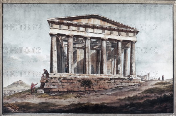 Historical view of the Temple of Hephaestus, coloured engraving from the 19th century, Agora Museum in the Stoa of Attalos, Athens, Greece, Europe