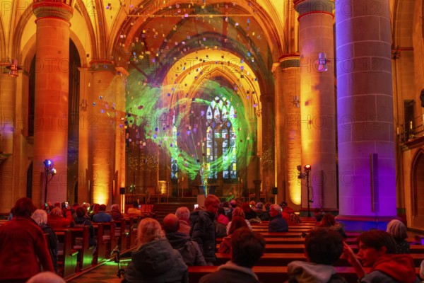 Essen Light Festival, in the city centre, light art light and blessing, in Essen Cathedral, by the artist group SilentMOD, Münster, North Rhine-Westphalia, Germany, Europe