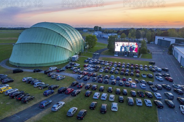 Drive-in cinema at Essen/Mülheim Airport Motor Movies, temporary film screening, at the WDL airship hangar, event in compliance with contact restrictions, effects of the corona crisis in Essen, Mülheim Germany