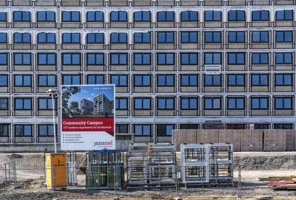 Construction site of the Community Campus, 737 student flats, each 20 square metres in size, fully furnished, in modular construction, using prefabricated room modules, by the Dutch modular building contractor Jan Snel, largest modular building in Europe, Bochum North Rhine-Westphalia, Germany, Europe