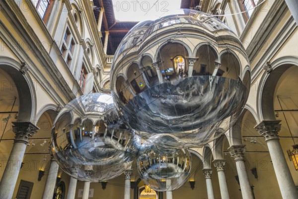 Palazzo Strozzi, courtyard, spheres, reflection, architecture, installation, travel, tourism, culture, Florence, Italy, Europe