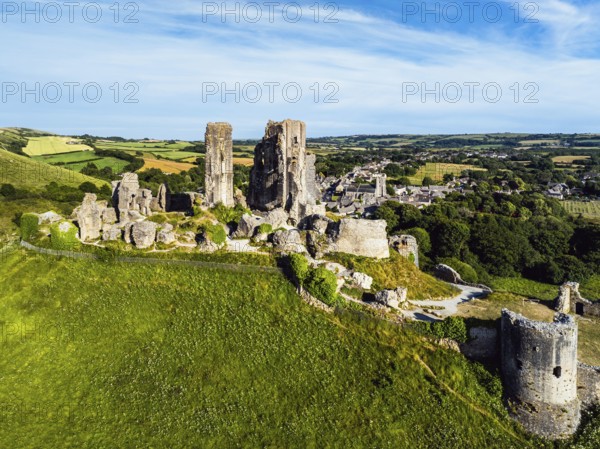 Ruins of Corfe Castle from a drone, Corfe Village, Purbeck Hills, Dorset, England, United Kingdom, Europe