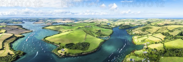 Panorama of Salcombe and Mill Bay over Kingsbridge Estuary from a drone, Batson Creek, Southpool Creek, Devon, England, United Kingdom, Europe