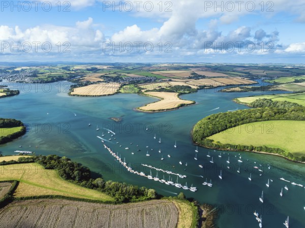 Salcombe and Mill Bay over Kingsbridge Estuary from a drone, Batson Creek, Southpool Creek, Devon, England, United Kingdom, Europe