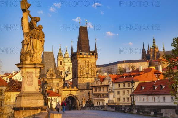 Lesser Town Bridge Tower in the early morning, Charles Bridge in Prague, Czech Republic, Europe