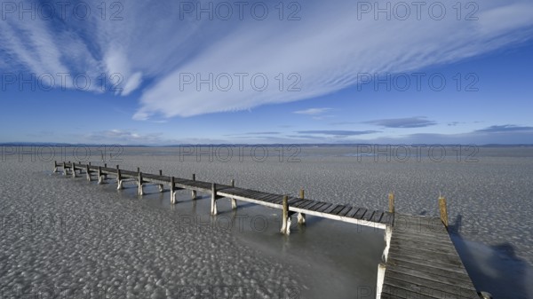 Frozen lake with ice and footbridge in winter, Lake Neusiedl, Podersdorf am See, Burgenland, Austria, Europe