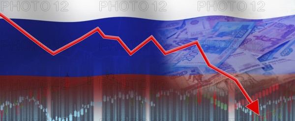 Russian financial crisis on economic graph, economic collapse. Financial fall of the Russian economy on financial graph