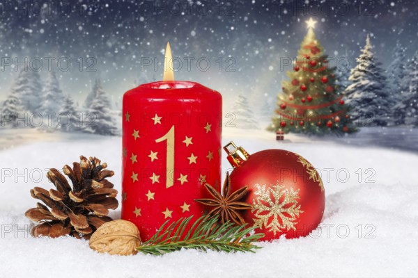 First 1st Advent with candle Christmas Christmas card for Christmas time with text free space Copyspace in winter Christmas tree in Stuttgart, Germany, Europe