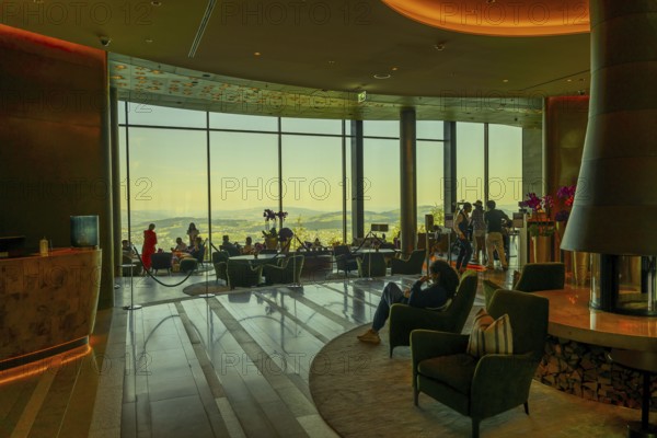 Hotel Five Stars Bürgenstock with Restaurant over Lake Lucerne and Mountain in Sunny Day in Bürgenstock, Nidwalden, Switzerland, Europe