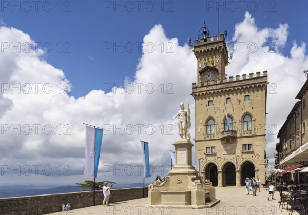 Statue of Liberty on the Liberty Square. Palazzo Pubblico San Marino, also the town hall and seat of the Consiglio Grande e Generale, the parliament and the government. Historic building, landmark of San Marino