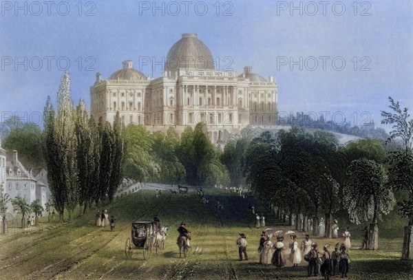 View of the Capitol Building in Washington USA, From a nineteenth century engraving by C. J. Bentley after W. H. Bartlett, Historic, digitally restored reproduction from a nineteenth century original, Record date not stated