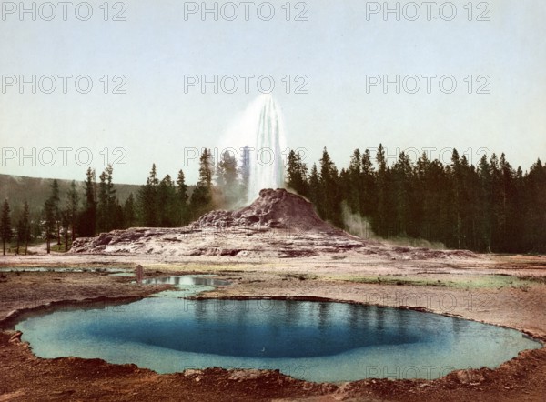 The Castle Geyser, Yellowstone National Park, United States, 1890, Historic, digitally restored reproduction from a 19th century original The Castle Geyser, United States, Historic, digitally restored reproduction from a 19th century original, North America