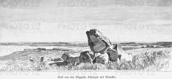Dybbøl, Düppeler Schanzen with Broager, Sonderburg, Flensburg Fjord, Jutland, Denmark, debris, symbol, history, landscape, historical illustration 1880, Europe