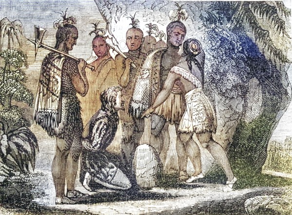 Pocahontas intercedes for the life of Smith, 1607 Captain John Smith, 1580-1631 English soldier and explorer. Pocahontas (Matoaka) 1595-1617 Algonqiuan Indian princess, Historical, digitally restored reproduction from a 19th century original, Record date not stated