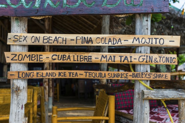 Cocktails listed in a beach bar, order, holiday, travel, service, gastronomy, bar, service, hint, sign, beach, beach holiday, drinks, listing, cocktail