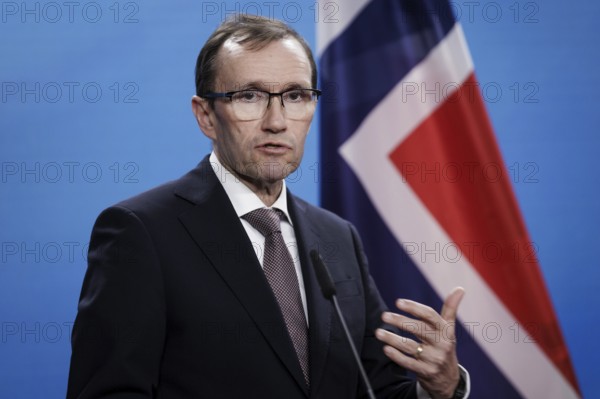 Espen Barth Eide, Minister of Foreign Affairs of the Kingdom of Norway, and Annalena Bärbock (Alliance 90/The Greens) (not in the picture), Federal Minister for Foreign Affairs, at a joint press conference in Berlin, 14 March 2024. Photographed on behalf of the Federal Foreign Office