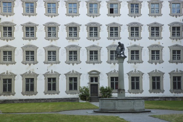 Inner courtyard with fountain and baroque illusion architecture, illusion painting, window, row, series, grey house wall, decorations, monastery, castle, Salem, Lake Constance area, Baden-Württemberg, Germany, Europe
