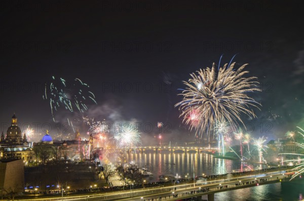 New Year's Eve fireworks over Dresden's Old Town, Dresden, Saxony, Germany, Europe