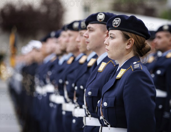 Female air force soldier and comrades of the guard battalion, taken during the final roll call of the Bundeswehr missions MINUSMA and EUTM Mali at the Federal Ministry of Defence in Berlin, 22.02.2024