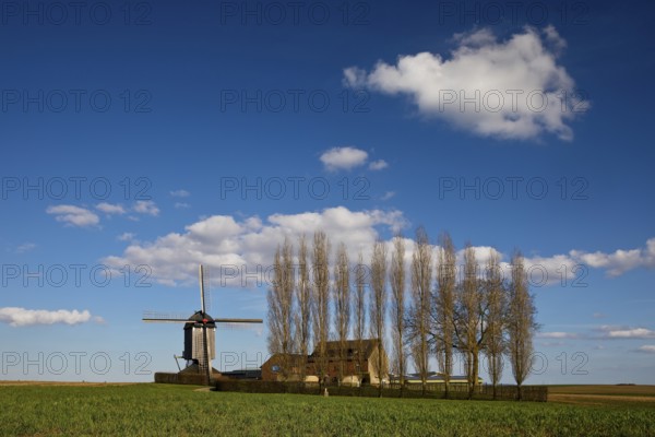 Historic Düppelsmühle, trestle windmill on a ridge near Titz, Düren district, Lower Rhine, North Rhine-Westphalia, Germany, Europe