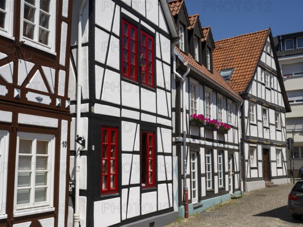 Half-timbered houses, Auf den Dielen, Paderborn, Westphalia, North Rhine-Westphalia, Germany, Europe