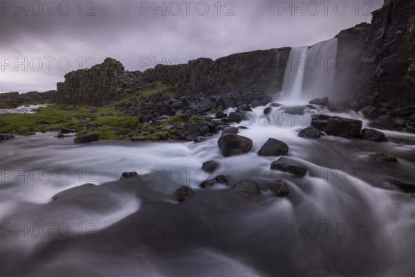 Oxarafoss, waterfall in Thingvellir National Park, interface of the European and North American continental plates, long exposure, Iceland, Europe