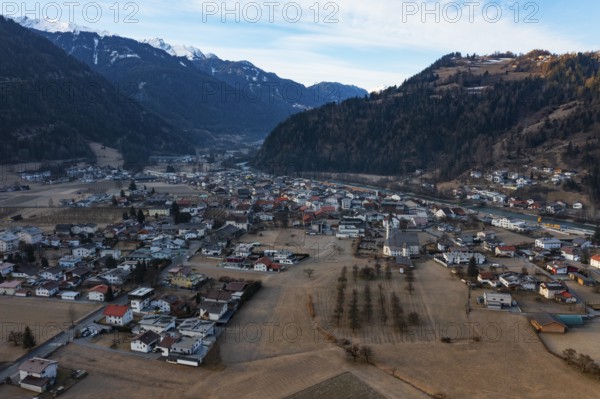 Drone shot, view of village with parish church, Prutz, Kaunertal, Inntal, Tyrol, Austria, Europe