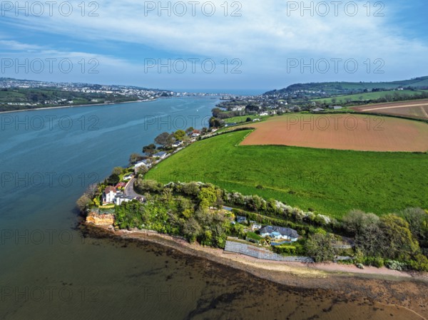 Farms and Fields over River Teign from a drone, Teignmouth, Shaldon, Devon, England, United Kingdom, Europe