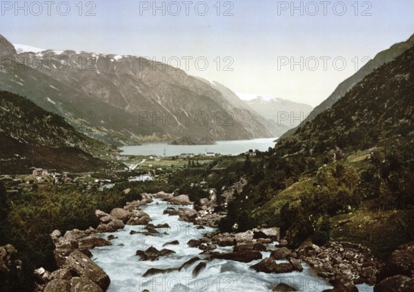 General view towards Odde, Odda, Hardangerfjord, Norway, View from 1885, Historical, digitally restored reproduction from a 19th century original, Record date not stated, Europe