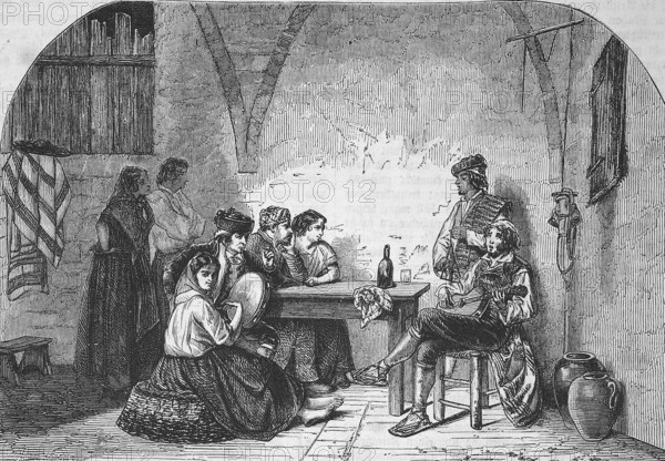 Historic, digitally restored reproduction from a 19th century original, Record date not stated, Spanish singers singing the Seguidilla, a traditional Spanish dance song, in a parlour, 1855, Tenerife, Spain, Europe